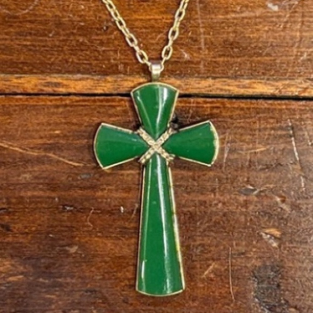 Avon green cross necklace, gold chain